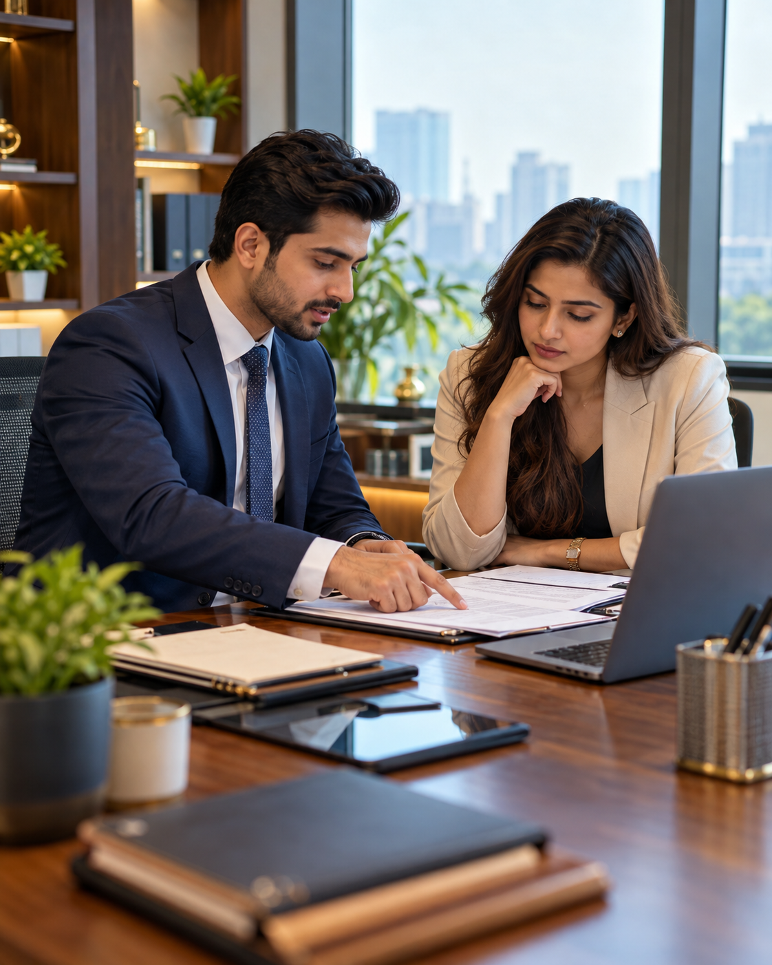 Business owner and consultant discussing compliance documents at a desk