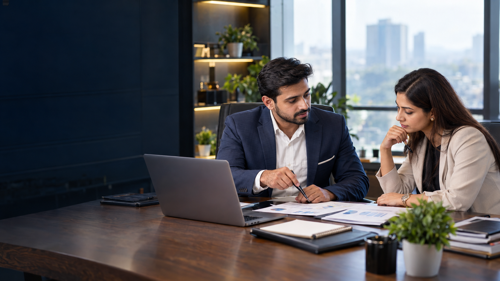 Consultant reviewing business documents with a client in a modern office