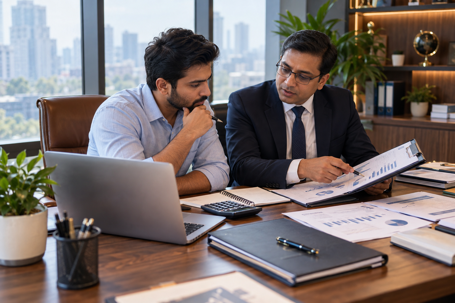 Entrepreneur discussing loan documents with an advisor