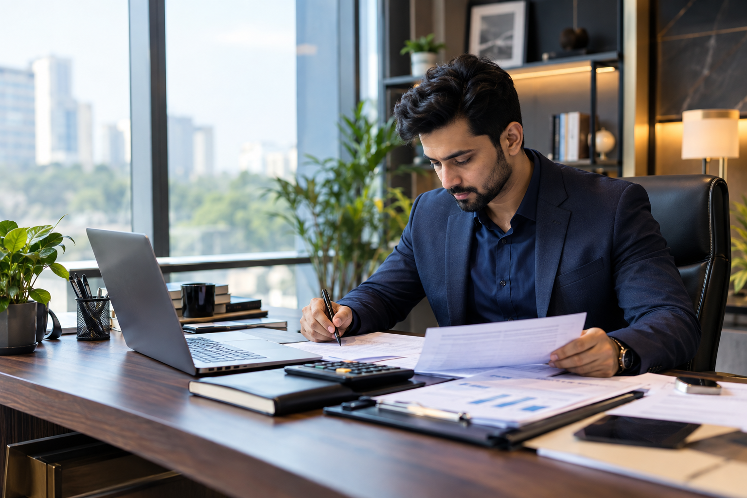 Documents and calculator on a desk for income tax filing